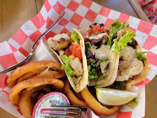 Shrimp Tacos w/ onion rings