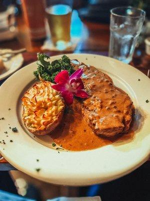 New York Strip Steak au Poivre, twice baked potato