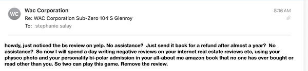 Response from Glen at WAC threatening me.  6/14/24.