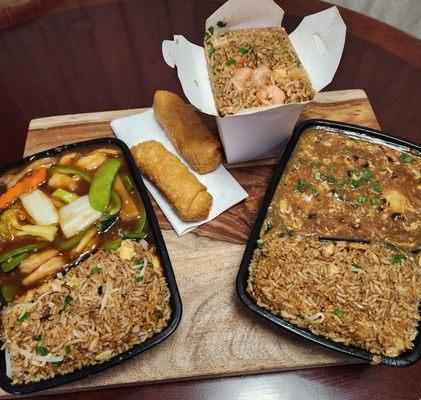 Shrimp with hot garlic sauce, shrimp fried rice, shrimp with lobster sauce, and egg rolls