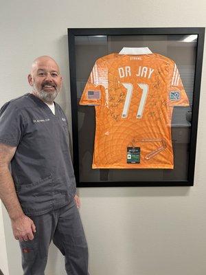 Dr Jay with his 2011 Houston Dynamo jersey. We are still the treating doctors for the Dynamo and Dash.