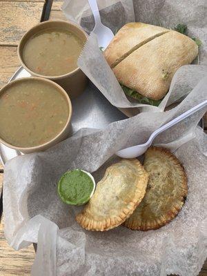 Split pea soup, curry chicken salad sandwich, empanadas, chimichurri