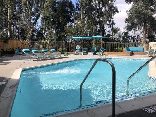 THE NEW POOL AREA COMPLETELY REMODELED AT THE RESERVE CARLSBAD. WALK DOWN THE STAIRS TO THE CARLSBAD MALL REGAL MOVIES AND THE CHEESECAKE .