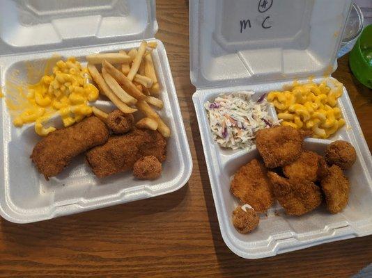 fried cod, french fries, mac and cheese fried shrimp, cole slaw, mac and cheese