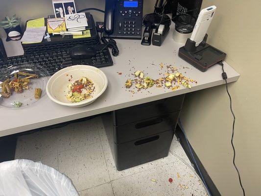 Mess from seeing insect crawl out of bowl.