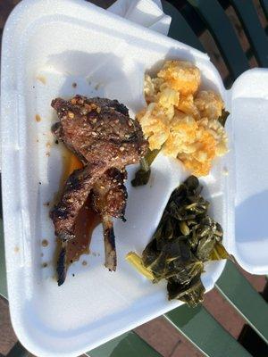 Lamb Chops with Mac n" Cheese and Collard Greens!!! So tasty!!!