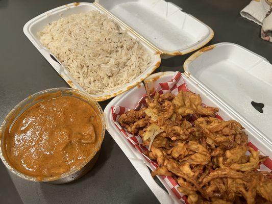 Onion pakora and chicken curry.