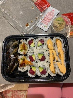 Spicy Salmon Roll (right), Tuna Avocado Roll (middle), Shrimp Tempura Roll (left)