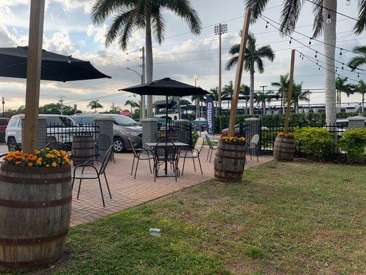 Outdoor patio looking at LECOM baseball park.