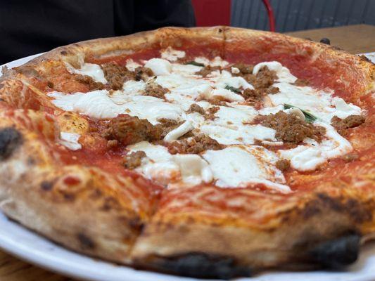 11" Meatball and mozzarella pizza.