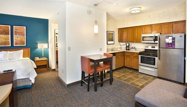 Studio suites feature a large open floor-plan for sleeping, living (including sleeper sofa) and fully equipped kitchen.