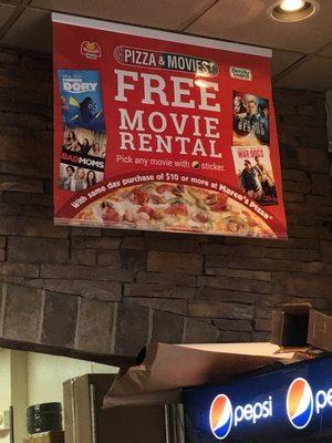 Order a pizza and get a free movie rental next door at Family Video the same day.