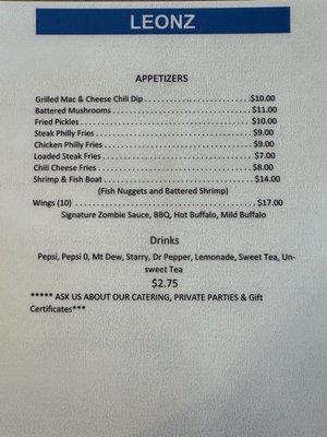 Appetizer menu