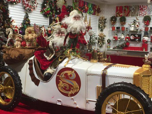 Santa and one of his elves leave the sleigh behind and opt for a roadster to visit The Wrapper at South Coast Plaza!  Open Oct. 6