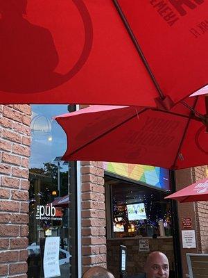 Outdoor seating area with umbrellas