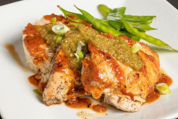 Twin 6oz chicken breast entrée!  Made with a green chili sauce, and drizzled with BBQ sauce.