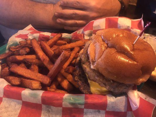 Big Brother burger with sweet potato fries