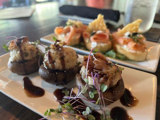 Stuffed mushrooms and smoked salmon cicchetti