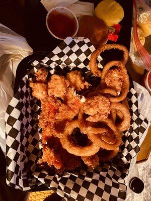 Seafood mix shrimp, catfish, flounder, and onion rings