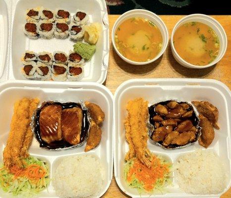 Salmon Teriyaki, Chicken Teriyaki, Spicy Tuna Roll, Miso Soup