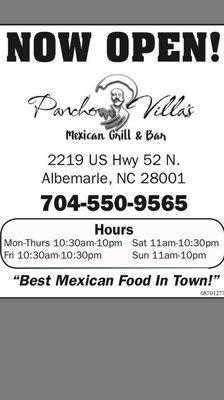 Pancho villas of Albemarle is now back open, under new management offering the best Mexican Food around and friendly staff.