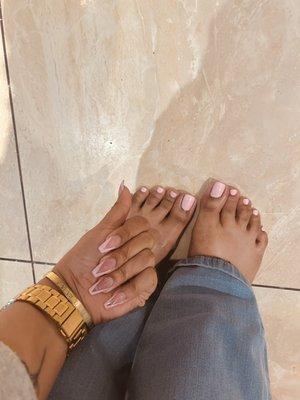 Pink acrylic nails and pedi