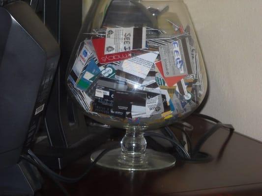 cut up credit cards on receptionist's desk!