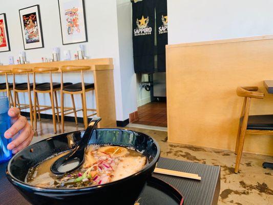 While you consume your food artwork, enjoy the cool ramen artwork on the walls, and quiet TV for checking on news and sports updates