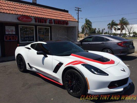 Chevrolet C7 tinted windows and custom graphics classictintandwraps.com Contact us at (951) 808-8468 or (951) 272-8468