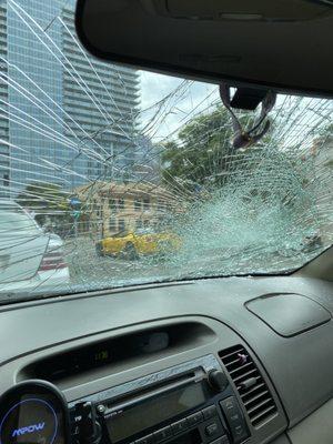 Broken windshield (man cracked out in SD, Gaslamp area - BEWARE!)