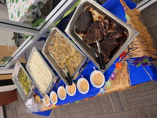 Seasoned Prime Rib; Rosemary Chicken Breasts; Garlic Mashed Potatoes; Asparagus; and Lobster Bisque.