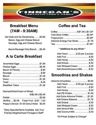 Breakfast and coffee menus