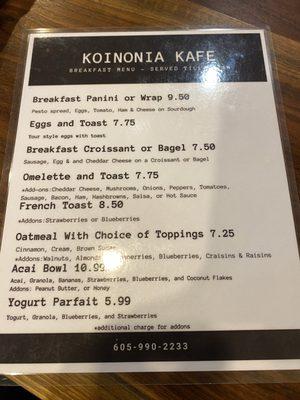 Breakfast menu