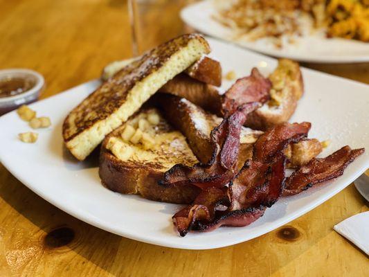 Roasted Apples Chalkah French Toast with a side of bacon