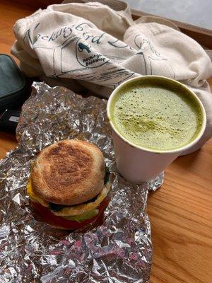 Breakfast sandwich and matcha