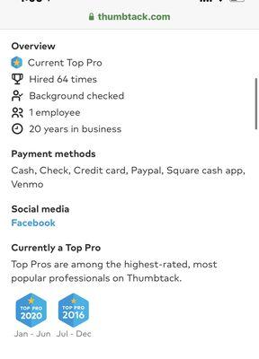 My profile is highly rated on Thumbtack! TOP PRO 2019-2020