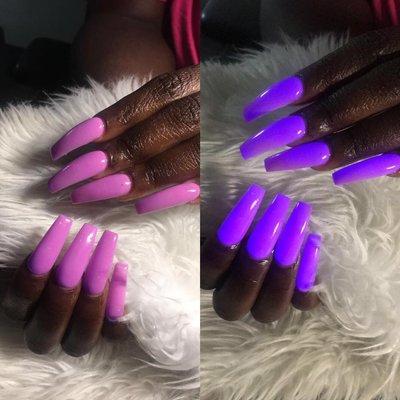 X-Long, Purple Acrylic w/ Purple Glow Sassy Shape Full Set.