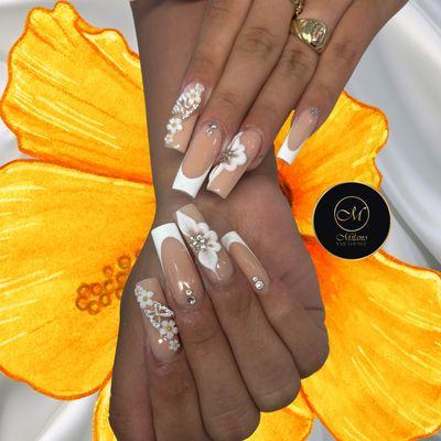 Acrylic, 3D nail art with rhinestones,  deep French, neutral beige color.