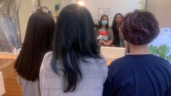 From left, Straight treatment, highlights/blue colored and highlights/purple colored.