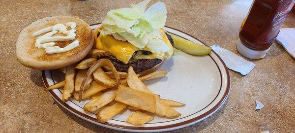 Green chile cheeseburger with fries.