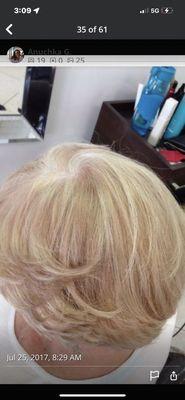 Golden lowlights on all natural white hair .Great alternative to coloring one process.