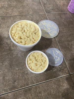 Mac n cheese. Big one- $4, tiny one- $2 "side Mac n cheese"