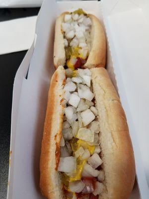 Foot long chili hot dog.