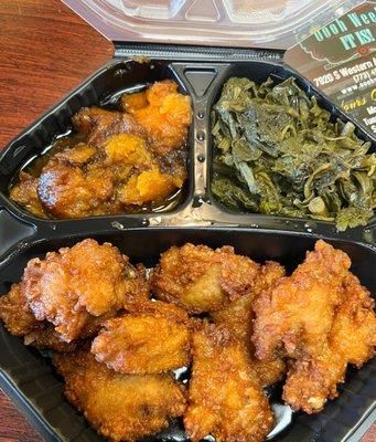 Henessey Wings, greens and yams