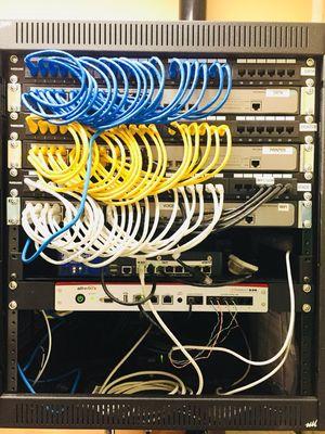 Patch panel separation between data, printers and voip. With proper wire color coordination