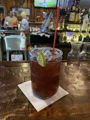 Raspberry margarita-absolutely delicious with a sugar rim. Loved the bartender!