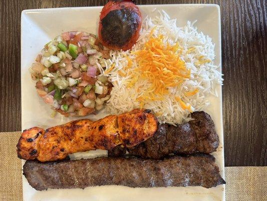 Kabob Combo for 1 (1/2 chicken skewer, 1/2 lamb skewer, Koobideh)