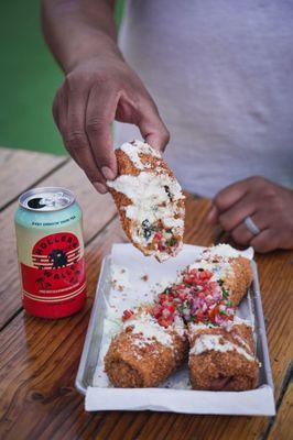 CHIMIS * chipotle chicken, cheese, black beans, jalapeños & corn, wrapped in a deep fried flour tortilla