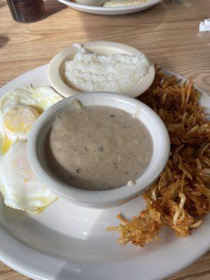 Hashbrowns, eggs, gravy, grits