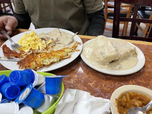 Chicken fried steak with biscuits and gravy